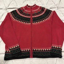 Vintage Tiara International Fair Isle Sweater Womens Medium Zip Red Zip Cardigan