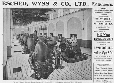 ESCHER WYSS & Co Wasserturbine Mfrs - Antike Technik Werbung 1909