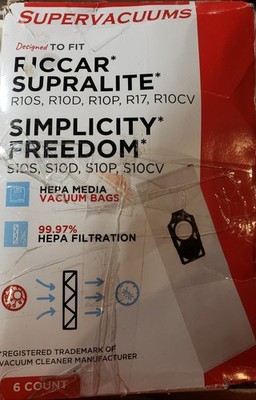 Supervacuums Hepa Vacuum Bags For Use With Riccar Supralite Models R10s, R10d