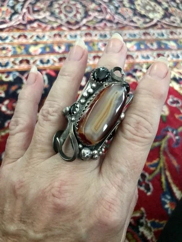 Huge Vintage Sterling Silver Banded Agate & Black Cats Eye Scapolite RING 8 OOAK