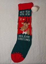 Vintage Christmas Knit Stocking Reindeer 20 Long Holiday Greeting Red Green
