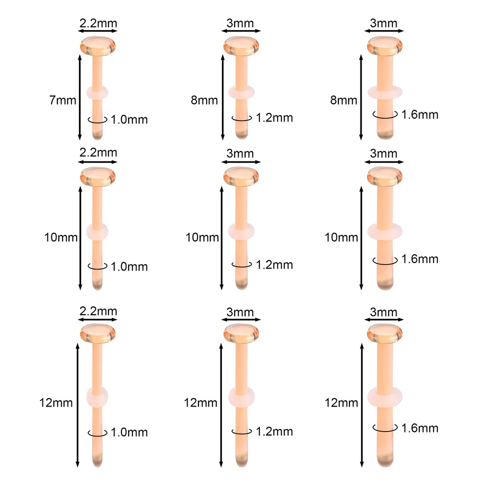 Lote de 3 piezas 14G/16G/18G Vidrio Transparente Nariz Tachuelas Cejas Piercing Labio Piercing Foto 3 de 4