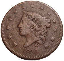 1836 Coronet Head Matron Large Cent Liberty 1C Copper US Coin Porous VF details