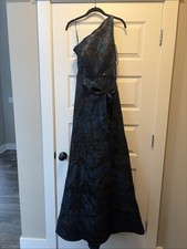 Rene Ruiz 6 Asymmetrical One Shoulder Brocade Gown Black Teal Cocktail Formal