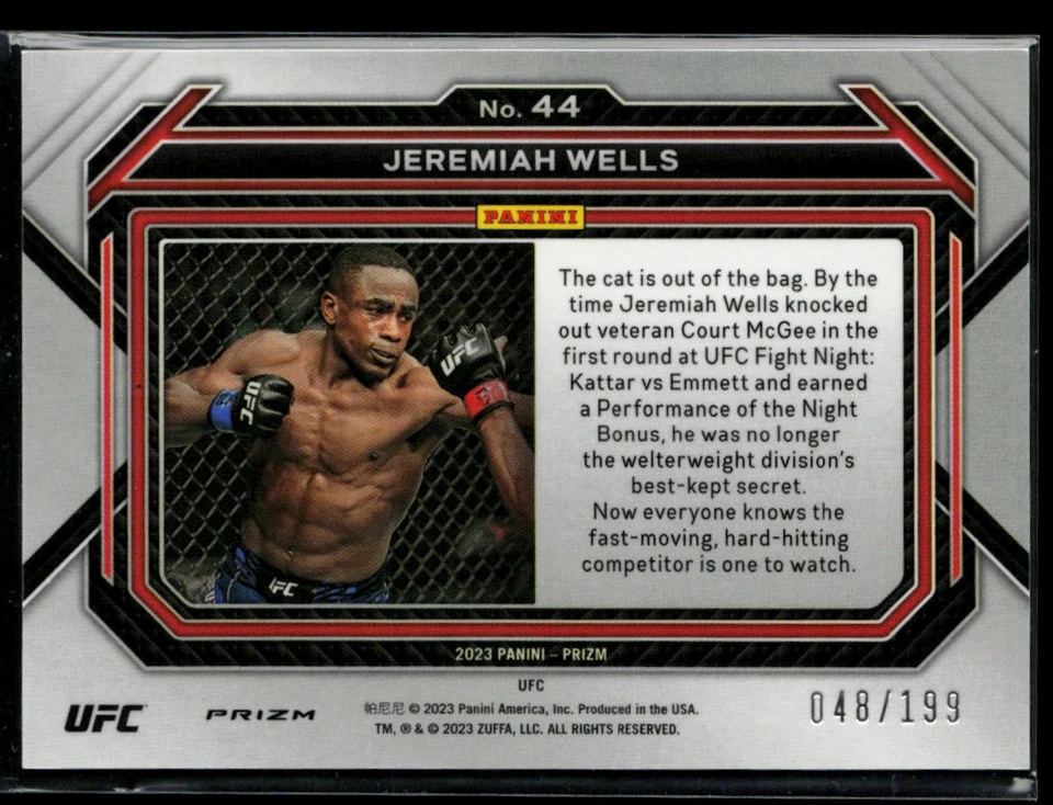 2023 Panini Prizm UFC Prizms Red #44 Jeremiah Wells RC 048/199 - Image 2 of 2