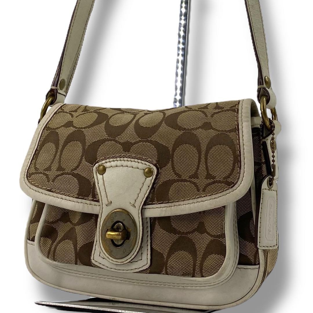 Coach Signature Canvas Crossbody Bag White Leather Trim Excellent Condition