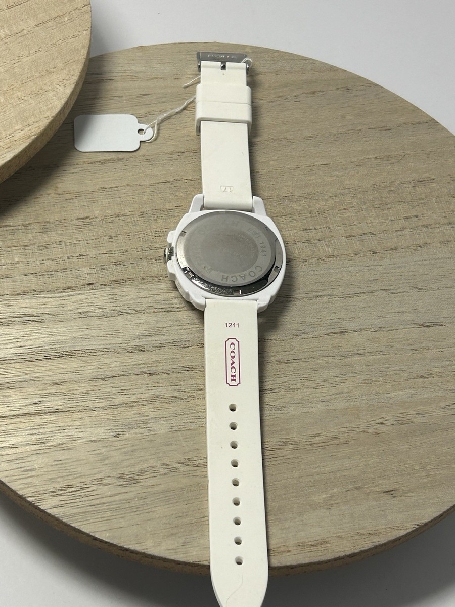 Coach White Waterproof Watch with Multicolor \'C\' Logo Strap Coach Watch Multicolored C On Rubber Watch Band. White  main image 4