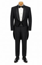 Black Wool Tailcoat, 2 Button Satin Shawl Lapels - Elegant Formal Wear 40R
