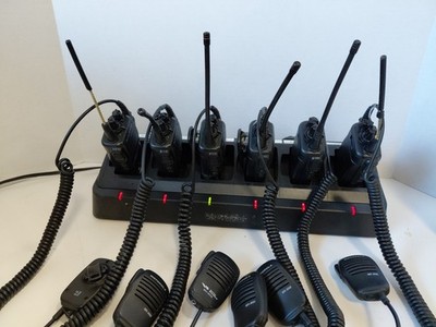 Vertex Standard VX-231 Lot 6 Radios, 6 Clip-On Mics, 6 Slot Charge Base, 2 Spare