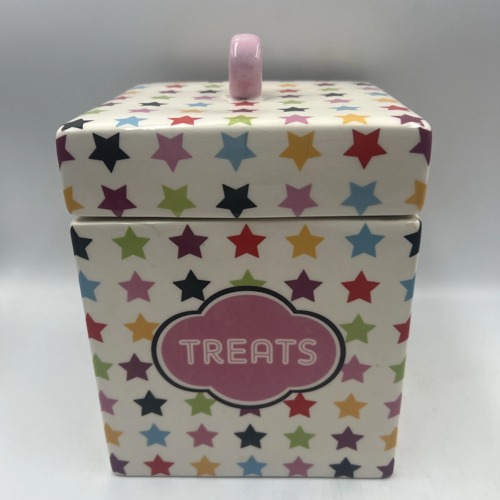 Colourful Ceramic Treats Jar With Star Design Sweets Biscuits 7 x 5.5 x 5.5” Vgc