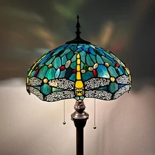 Tiffany Style Floor Lamp Dragonfly Green Blue Stained Glass Metal Base 64”H*16"W