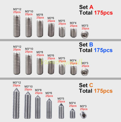 175pcs M3(3mm) A2 Stainless Steel Cup Flat C1PC Point Grub Set Screws Assortment
