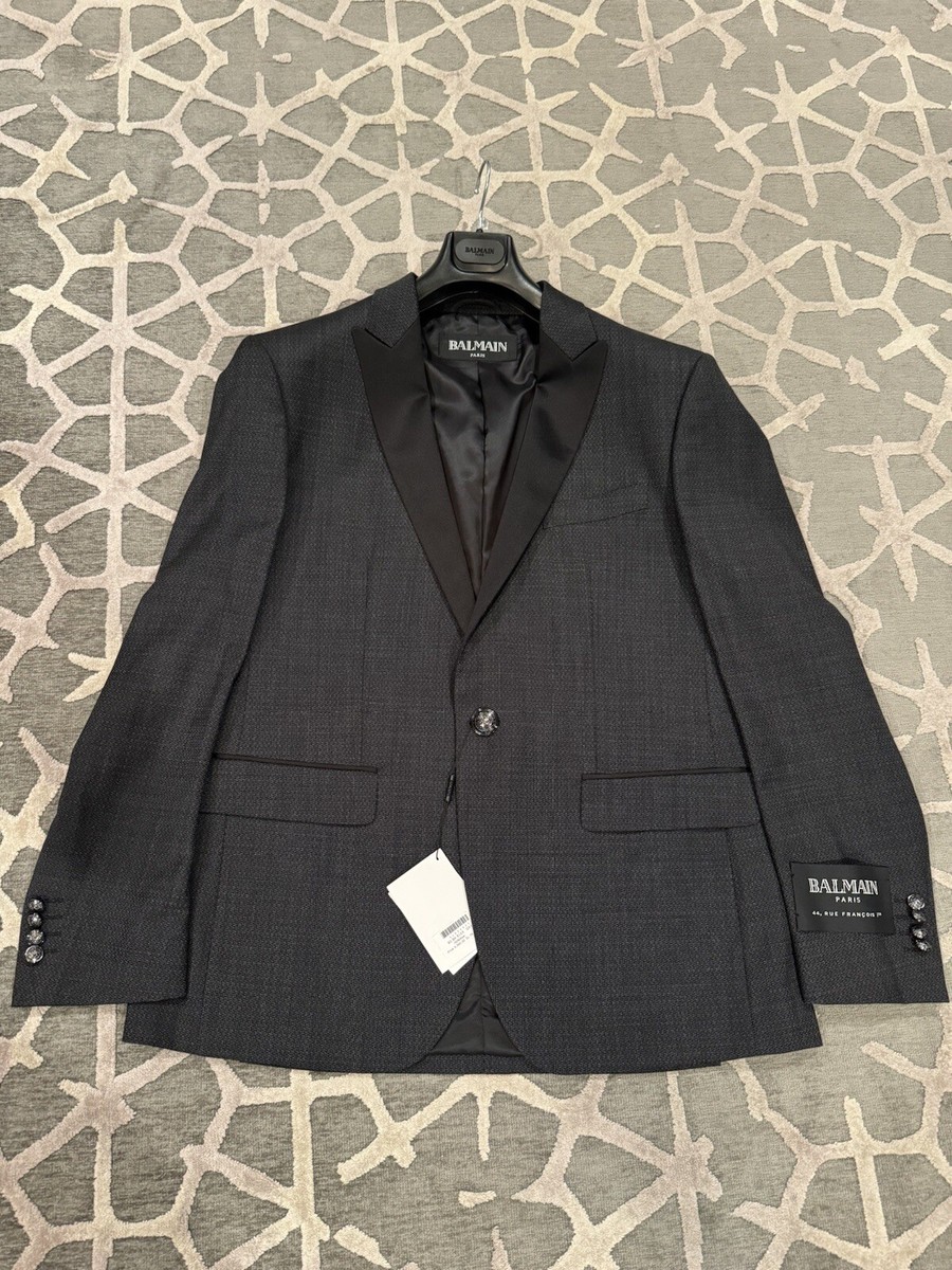 NWT BALMAIN mens Wool Gray Tuxedo Jacket Slim Fit Sz 58 100% Authentic