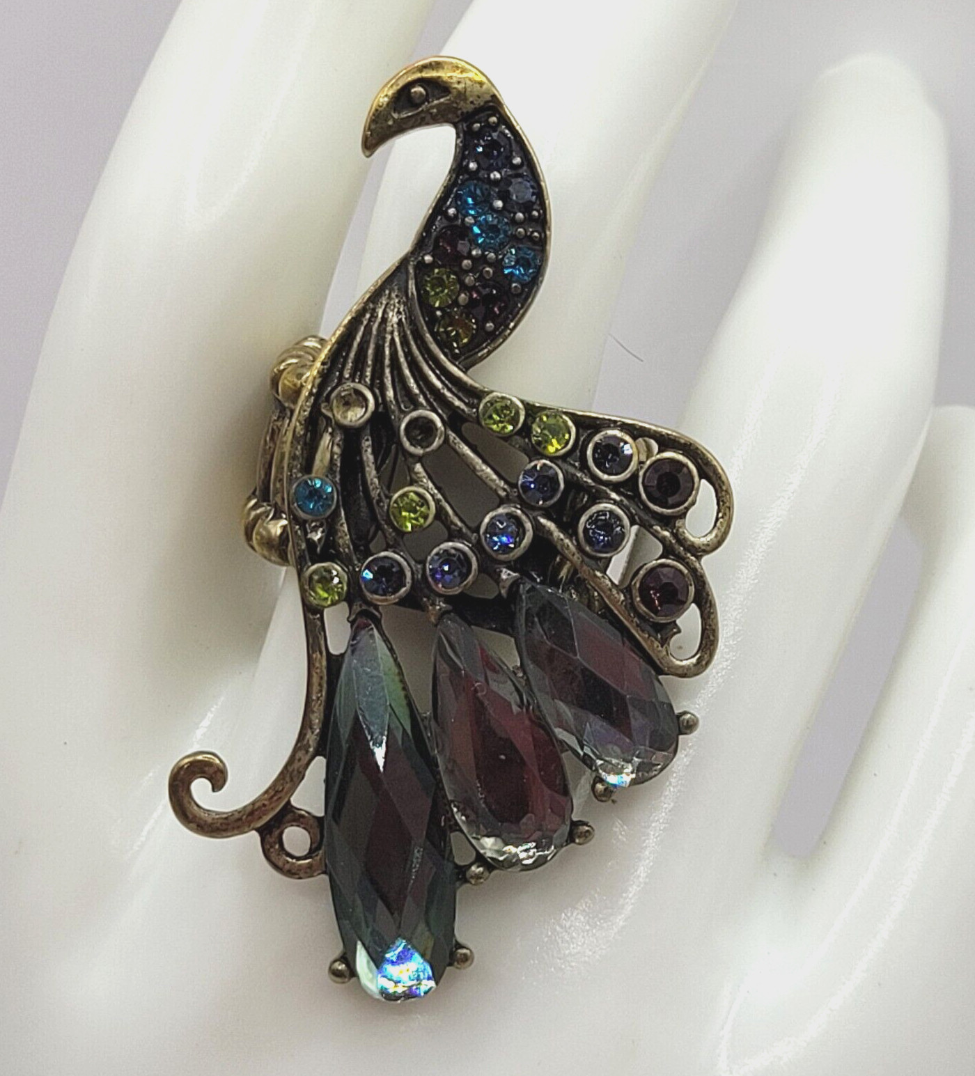Peacock Stretch Ring Multi Colored Rhinestones An… - image 9
