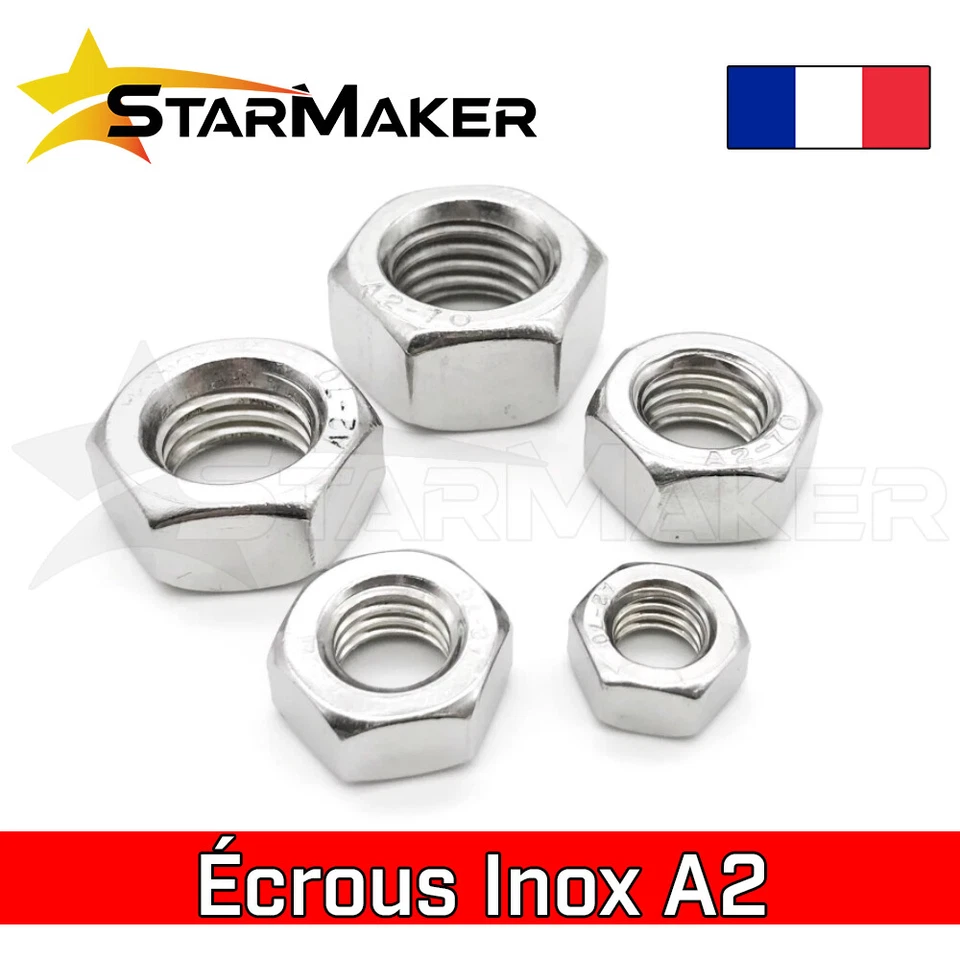 Écrous Inox A2 - M1.2 M1.4 M1.6 M2 M2.5 M3 M4 M5 M6 M8 - Par lots 5 à 100 pcs