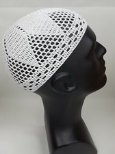 Hand Crochet Knitted Skull Cap 22" Beanie 100 Mercerized Cotton Color White