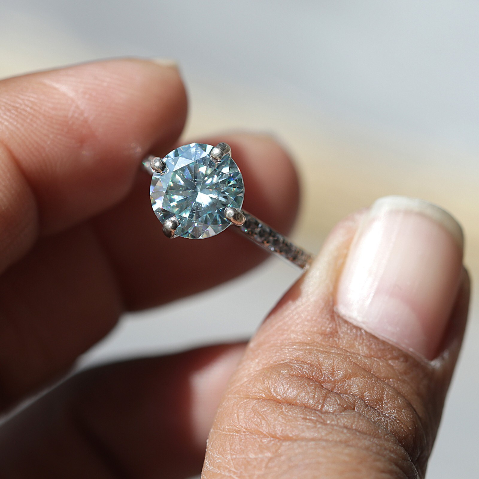 3Ct Light Blue Round Cut Moissanite 925 Silver Solitaire With Accents Ring
