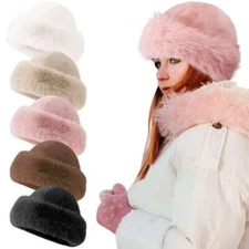 Women Faux Fur Mongolian Hats Cap Brimless Plush Fluffy Skiing Riding Warm