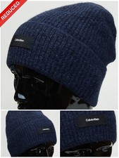 Image of CALVIN KLEIN DADDY WOOL RIBBED BEANIE HAT KNIT NAVY LOGO FRONT RRP £50