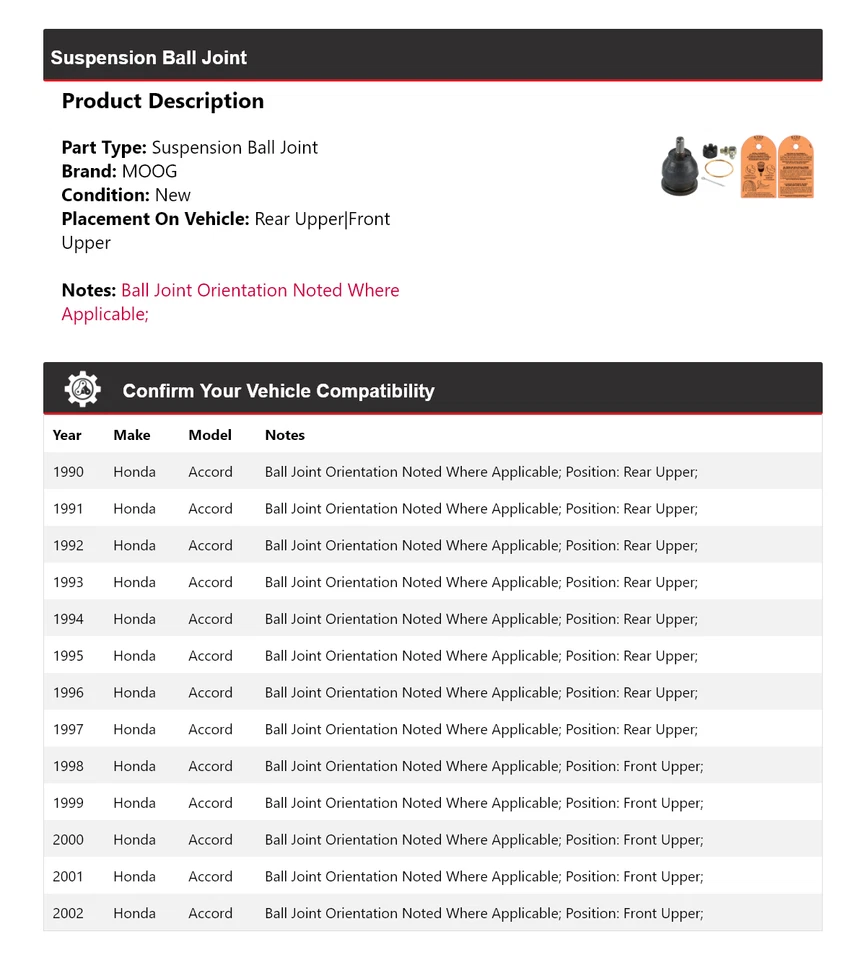 Rótula de suspensión para Honda Accord 1990-2002 MOOG 1990 1991 1992 1993 1994 Foto 2 de 4