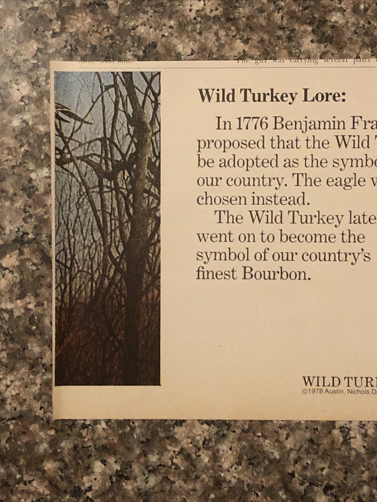 1978 Wild Turkey Bourbon PRINT AD Benjamin Franklin 1776 Lore Symbol VTG 1970s