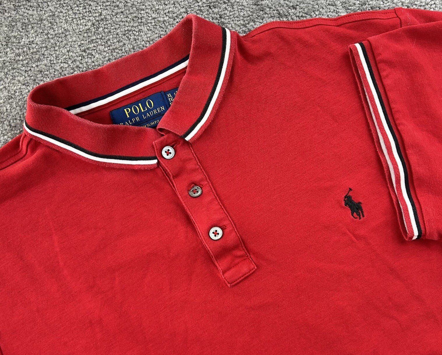 PONY Polo Ralph Lauren XL rossa personalizzata slim fit camicia manica corta con tubino bianco