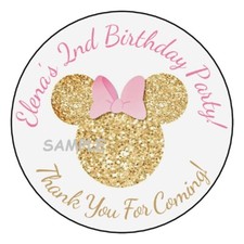 12 Pink Gold Mouse Birthday Stickers labels tags party favors Custom