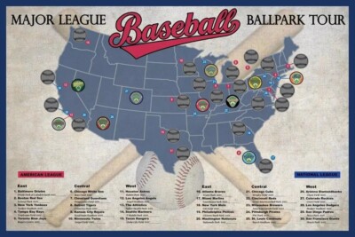 2025 Pro Baseball Stadium Off Tour Map Ballpark Stadium Tracker Poster