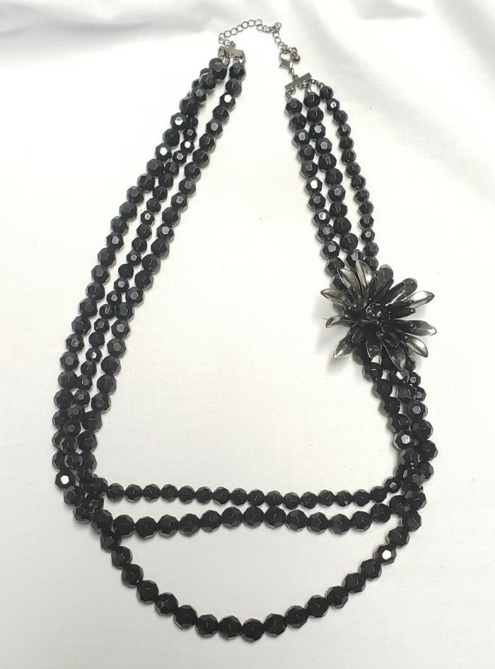 Three Layer Black Beaded Flower Statement Necklac… - image 1