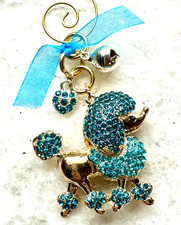 New Aqua Blue Crystal  Gold Tone Poodle Dog Christmas Ornament w/ Heart  Bell