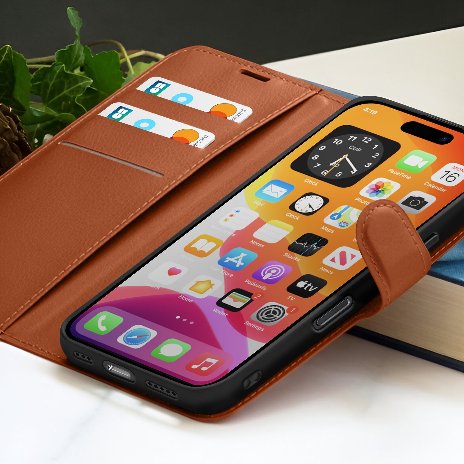 Étui portefeuille iPhone 16 Pro marron en cuir avec support - 4