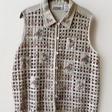 Vintage Casey  Max Beige Floral Gingham Vest Latticework Cotton Linen Blend Lg