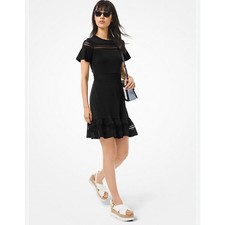 Michael Kors Black A-Line Dress Short Sleeve Ruffle Hem Crew Neck Mesh Insets XL