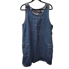 VTG 90s Overall Dress Denim Jean Cargo Blue Sleeveless Grunge Teacher Sz L