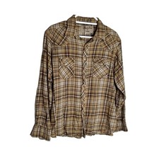 Wrangler Wrancher Flannel Shirt Men's XL Tan Plaid Pearl Snap Western Cowboy