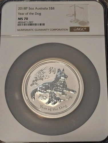 2018 P Australia Silver Lunar Year of the Dog 5 oz $8 Coin NGC MS70 