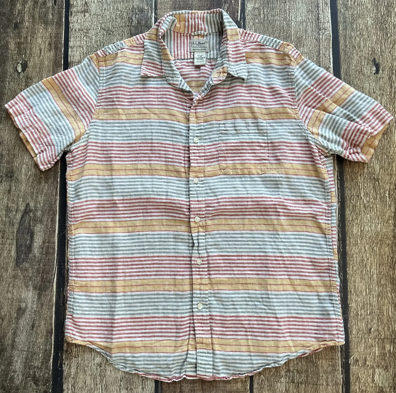 LL BEAN SLIGHTLY FITTED 100% LINEN STRIPED SPORT SHIRT MULTI MENS LARGE REG EUC