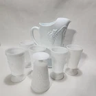 Set Of 6 - Vintage White Milk Glass Grape Pattern Tall Goblet Glass + Pitcher