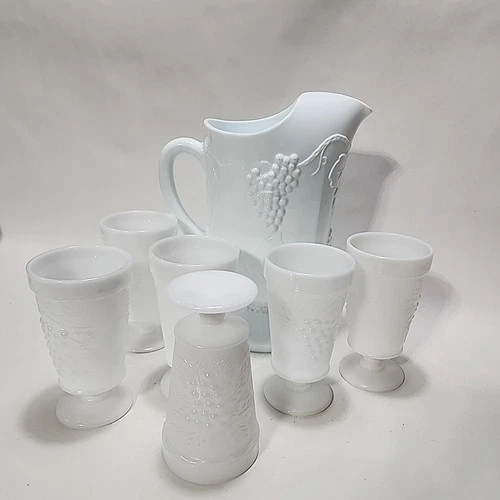 Set Of 6 - Vintage White Milk Glass Grape Pattern Tall Goblet Glass + Pitcher