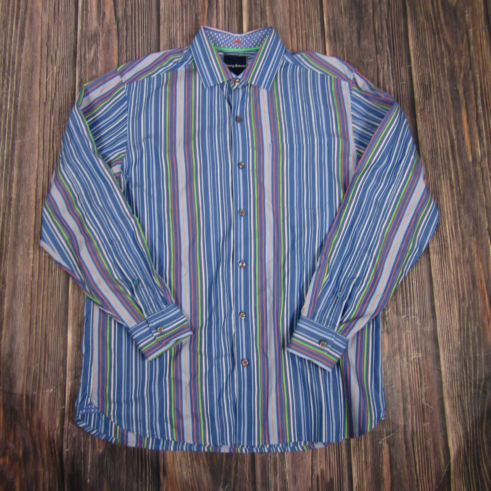 Tommy Bahama Shirt Mens Medium Blue Multi Stripe Button Up Cotton Long Sleeve