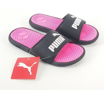 black and pink puma slides