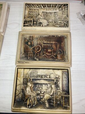 Vtg Ivorex Plaque Lot  Of 3 Cottage Scenes Wall Hanging England 2 Brand? Box D
