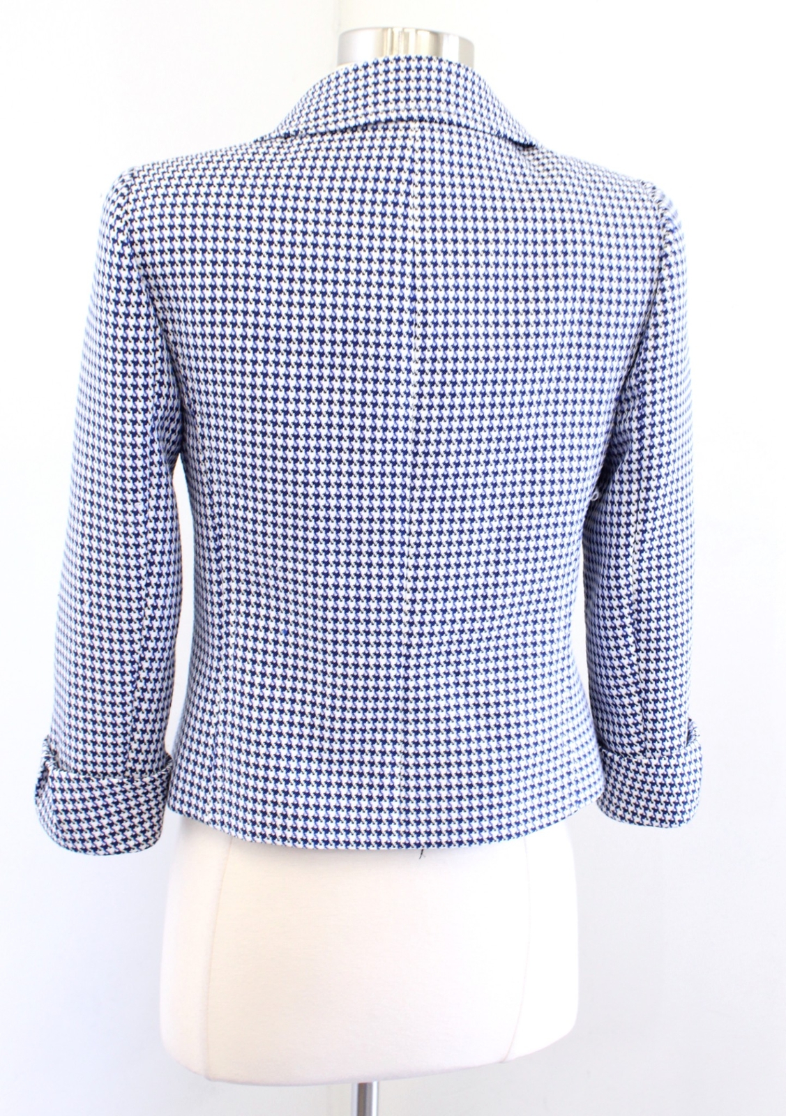 Tahari ASL Levine Black Blue White Houndstooth Cuffed Sleeve Blazer