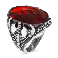 Bague Chevalière Homme Argent massif 925 Serti zircon rouge 12 gr griffe aigle