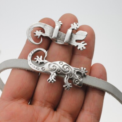 1 Gecko Schiebeperlen f. Lederband 8x3mm Silber Metall DIY Schmuckzubehör