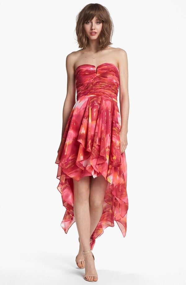 Hailey by Adrianna Papell Print Strapless High_Low Dress Sz 0-4 Pink Multi
