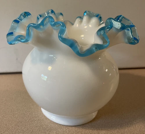 Vtg Fenton Glass Blue Crest Vase Ruffled Crimped Top White Milk Glass