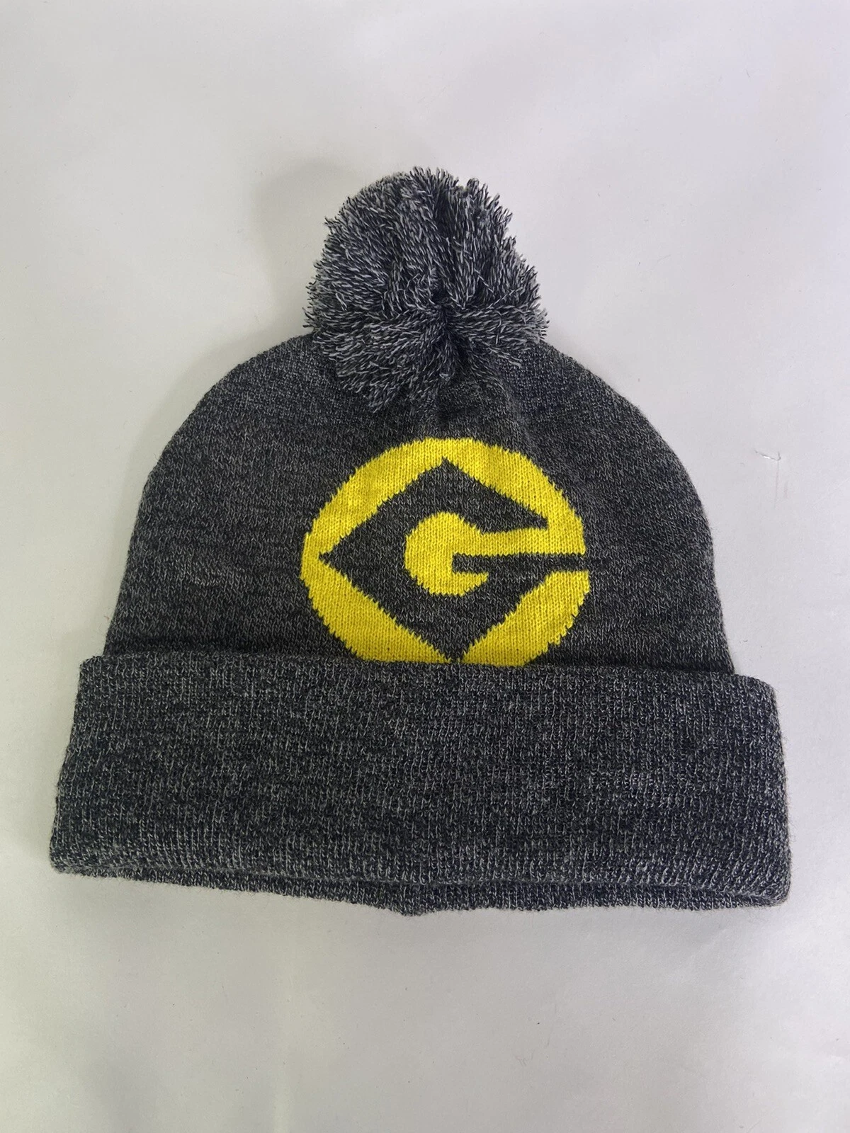 Despicable Me Gru Logo Pom Knit Gray Yellow Cuff Beanie Hat Cap Adult OSFM