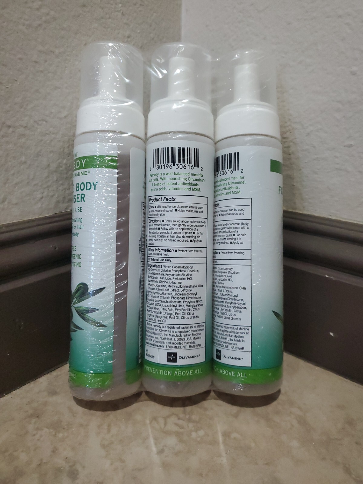 3 Pack Remedy w/ Oliviamine No-Rinse Body Wash Foam 9 oz. Pump Bottle Scented