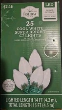 NEW Holiday Time 25 Cool White SUPER BRIGHT C7 LED String Lights Green Wire